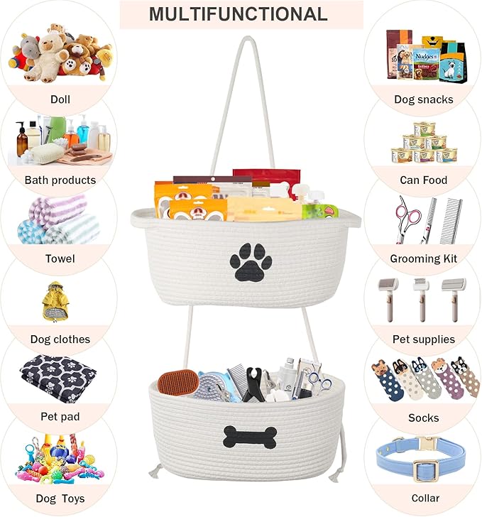 2-Tier Dog Baskets,Over Door Hanging Oganizer for Pet Stuff with Metal Hooks,Cotton Rope Wall-Mounted Storage Organizer for Dog Leash/Harness/Small Toys/Trash bag - Beige