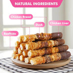 Dog Treats, Triple Flavor 6 Inch Rawhide Rolls, Chicken Duck and Chicken Liver Wrapped Rawhide Dog Chews, Suitable for Medium Dogs, 35.3 oz