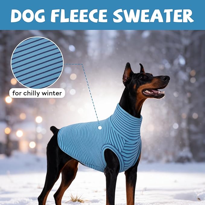 ROZKITCH Fleece Dog Pjs for Medium Dogs Boy, Cozy Stretchy Turtleneck Jumper for Winter Spring Autumn, Machine Washable Pet Clothes for Indoor & Outdoor BlueStripe L