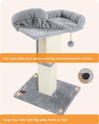 32" Cat Scratching Post for Indoor Cats, Sisal Cat Scratcher with Plush Perch, Large Scratch Post with Bed, Removable Cover, Sisal Fabric,Light Grey