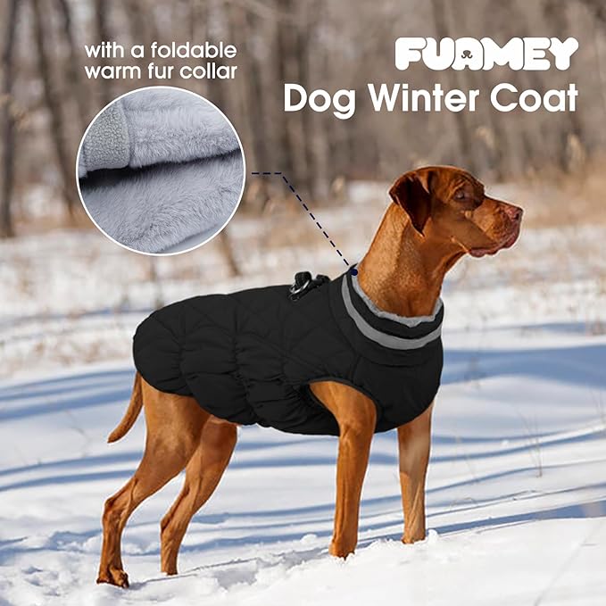 FUAMEY Dog Coat for Medium Dogs,Waterproof Dog Winter Jacket with Harness Built in Puppy Cold Weather Coats Reflective Pet Vest with Zipper Warm Fleece Dogs Snowsuit Windproof Solid Black M