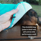 DJANGO Dog Jacket & Raincoat – Lightweight Water-Resistant Coat for Small, Medium & Long Dogs Like Dachshunds – Reflective, Adjustable Fit, Harness-Compatible & Easy-Access Harness Hole - Blue, Large