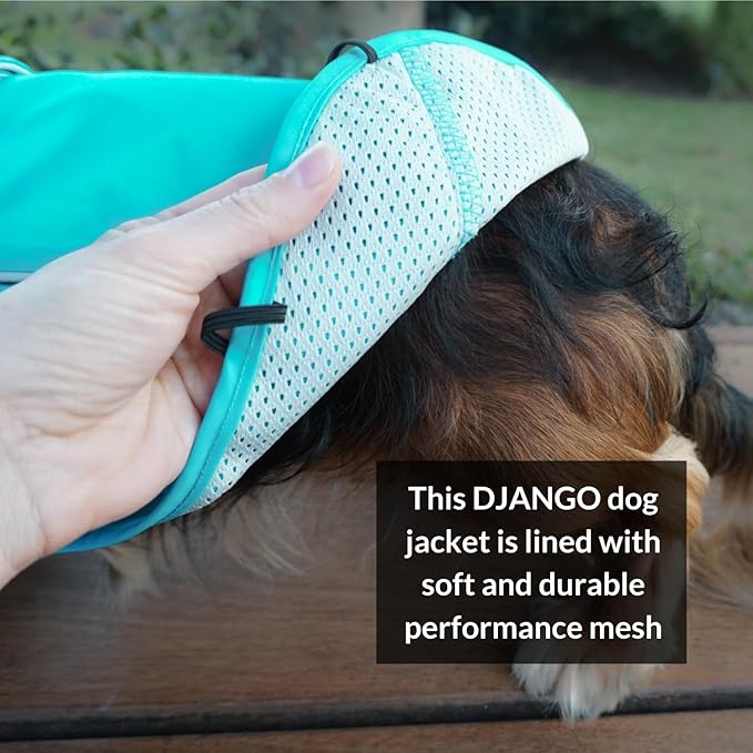 DJANGO Dog Jacket & Raincoat – Lightweight Water-Resistant Coat for Small, Medium & Long Dogs Like Dachshunds – Reflective, Adjustable Fit, Harness-Compatible & Easy-Access Harness Hole - Blue, Small