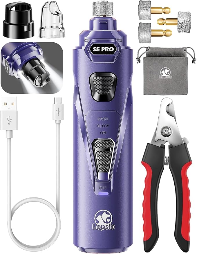 Dog Nail Grinder with 2 LED Lights Powerful 2 Speeds Super Quiet Dog Nail Trimmers with 3 Grinding Wheels Rechargeable Pet Dog Nail Clippers for Large Medium Puppy Dogs Nail File Cat Nail Clipper Blue
