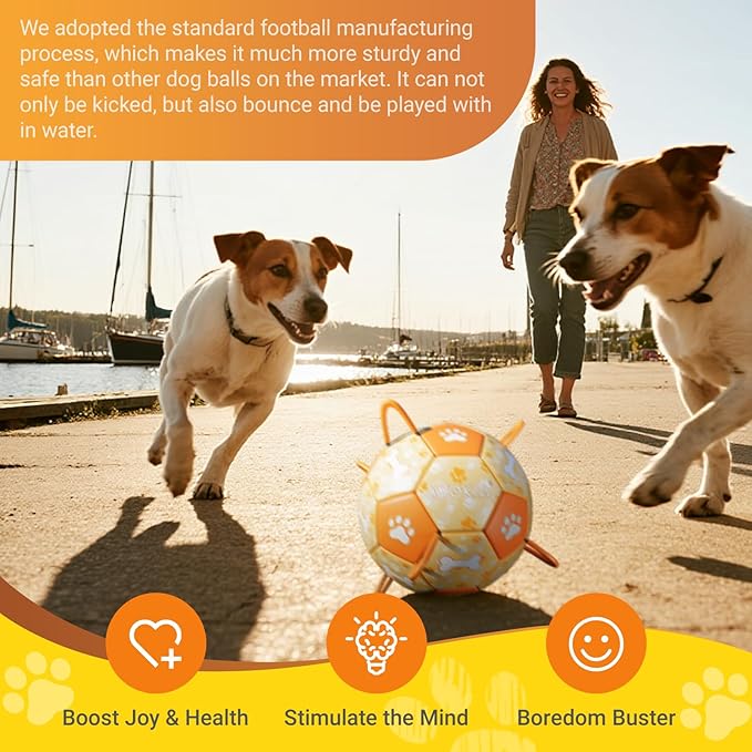 Size 2 Dog Soccer Ball with Straps Durable Training Ball for Pets Interactive Outdoor Dog Toy, Orange & Yellow, Eye-Catching Paw and Bones Design, for Small & Medium Puppie