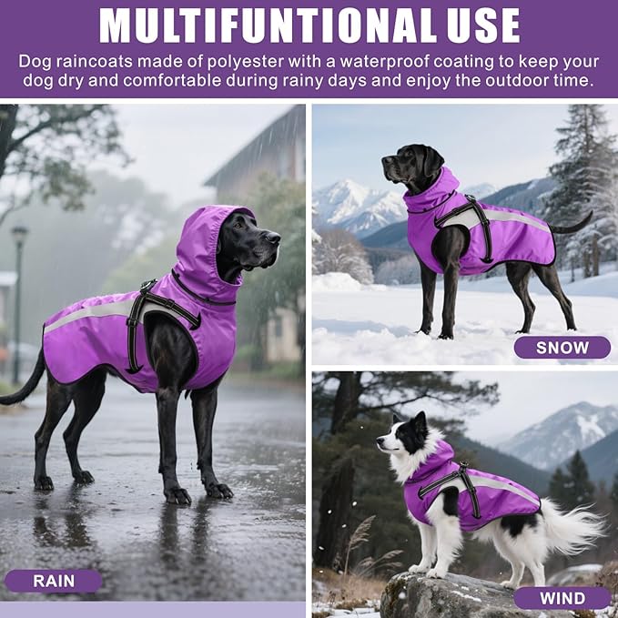 Mosucoirl Dog Raincoat Waterproof Raincoats for Dog Reflective Dogs Rain Jackets with Hood Hoodie Pet Rain Poncho Coat for Small Medium Large Dogs Puppies S-XXL (Purple, L)