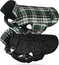 VIVAGLORY Softjoy Dog Coat, Dog Jacket for Winter & Christmas, Coat with Harness Hole & Velcro Closure, Reversible Plaid Checkered Warm Fluffy Heavy Duty for Puppy, L, Green