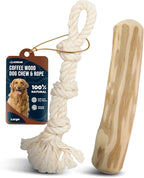 Coffee Wood Dog Chew and Natural Cotton Rope Toy for Regular Chewers - 100% Organic Wood Stick for Dog - Teeth Cleaning - Size L