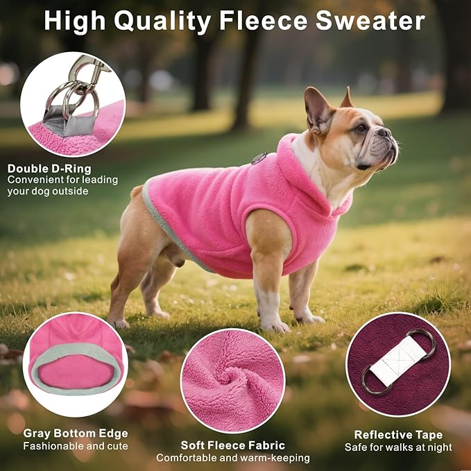 Idepet 2 Pack Dog Fleece Vest Sweater Warm Pullover Jacket with D-Ring Leash Reflective Winter Coat Hoodie for Puppy Cat French Bulldog Pug Chihuahuas Yorkies Dachshunds (Red&Rose Red,X-Large)