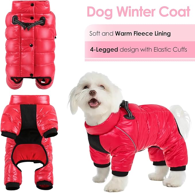 AOFITEE Dog Coat, Waterproof Dog Jacket for Winter, Warm Fullbody Dogs Snowsuit, Winter Coat for Small Dogs, Zip Up Pet Puffer Jacket Fleece Vest, Outdoor Reflective Pet Coats, Christmas Red, Medium