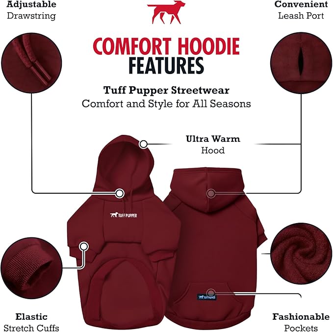 Tuff Pupper Dog Hoodie | Premium Quality 100% Organic Cotton | Ultra Soft Interior for Superior Comfort | Elastic Cuffs & Drawstring for Warmth | Stretch Fit Suitable for All Breeds (Red, XXL)