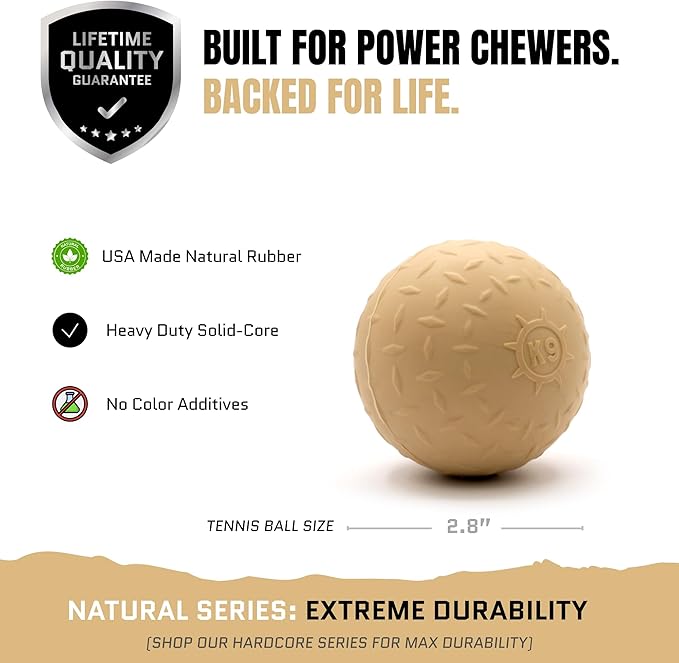 Monster K9 Indestructible Natural Series Dog Ball - Backed for Life - No Color Additives, Minimal Fillers, Safe Non-Toxic - Durable Toy for Aggressive Chewers - USA Made - 2.8” Solid(Tennis Ball Size)