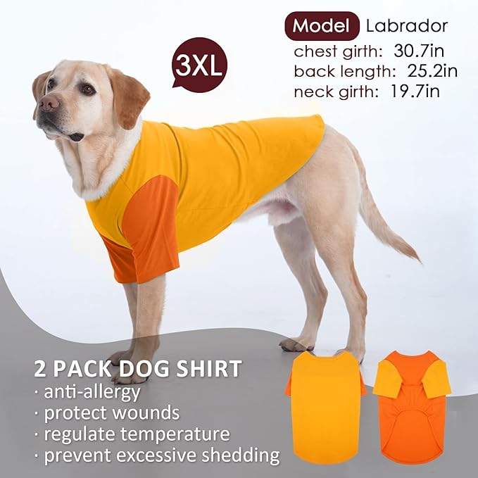 2 Pack Dog Shirt for Large Dogs XXL - Soft Breathable Cotton Tees, Freedom of Movement Prevents Overheating Dog Clothes for Border Collie, Pitbull, Boxer, Hiking, Play, Casual Wear, Orange