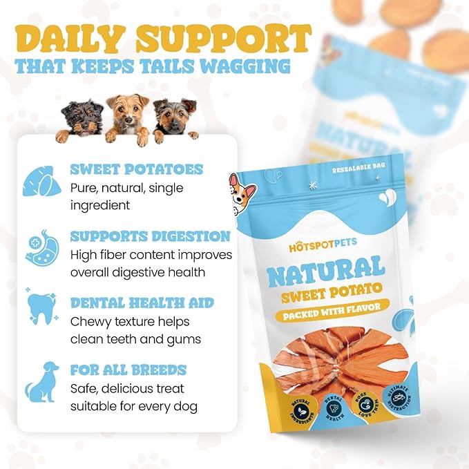 hotspot pets Dehydrated Sweet Potato Dog Treats (2 Pound Bag)- All Natural Rawhide Free, Grain-Free, & High in Fiber- Ideal for Small to Large Dogs - Perfect Dog Chews for Training, or Treat