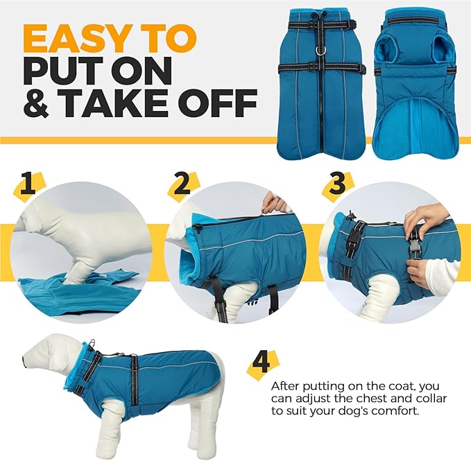 Lelepet Waterproof Dog Jacket with Harness Built in Warm Dog Winter Coat, Windproof Reflective Fleece Jacket, Dogs Coats for Medium Dogs,Thermal Pet Snowsuit for Cold Weather, Schnauzer, Pug, Blue M