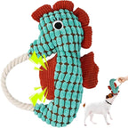 Crinkle Dog Toys Squeaky Plush No Stuffing Cute Puppy Stuffless Tough Rop Pull Toy, Fun Dog Stuffed Animals Durable Chew Set for Small Medium Large Pup (Large, Green Seahorse)