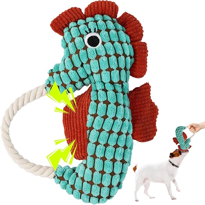 Crinkle Dog Toys Squeaky Plush No Stuffing Cute Puppy Stuffless Tough Rop Pull Toy, Fun Dog Stuffed Animals Durable Chew Set for Small Medium Large Pup (Large, Green Seahorse)