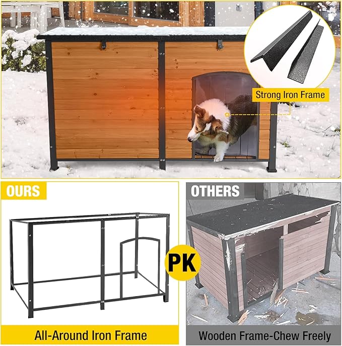 Aivituvin Heated Dog House Outdoor 59" Extra Large Insulated Dog Kennel with Heating System & Insulation Liner,All-Around Iron Frame