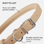 CollarDirect Rolled Leather Dog Collar, Soft Padded Round Puppy Collar, Handmade Genuine Leather Collar Dog Small Large Cat Collars 13 Colors (11-14 Inch, Beige Smooth)