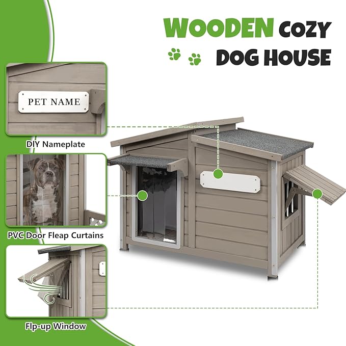Large Outdoor Wooden Dog House, Weatherproof Dog Houses with Adjustable Vent Windows, Alloy Chew-Resistant Frame, Removable Floor for Medium & Large Dogs, (34" L x 22" W x 25.9" H)