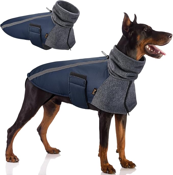 SlowTon Winter Dog Coat, Warm Polar Fleece Lining Doggie Outdoor Jacket with Turtleneck Scarf Reflective Stripe Adjustable Waterproof Windproof Puppy Vest Soft Pet Outfits (L+,Dark Blue)