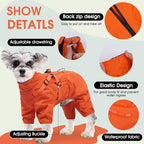 BRKURLEG Dog Raincoat for Small Dogs, Small Dog Rain Jacket with Harness Built in, Waterproof 4 Legs Pet Raincoats, Puppy Outdoor Jacket with Reflective Strip, Orange, S
