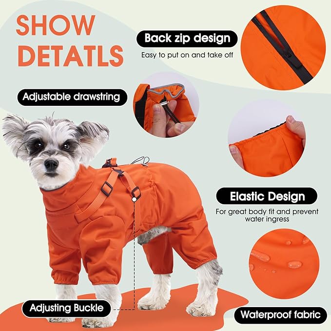 BRKURLEG Dog Raincoat for Small Dogs, Small Dog Rain Jacket with Harness Built in, Waterproof 4 Legs Pet Raincoats, Puppy Outdoor Jacket with Reflective Strip, Orange, XL
