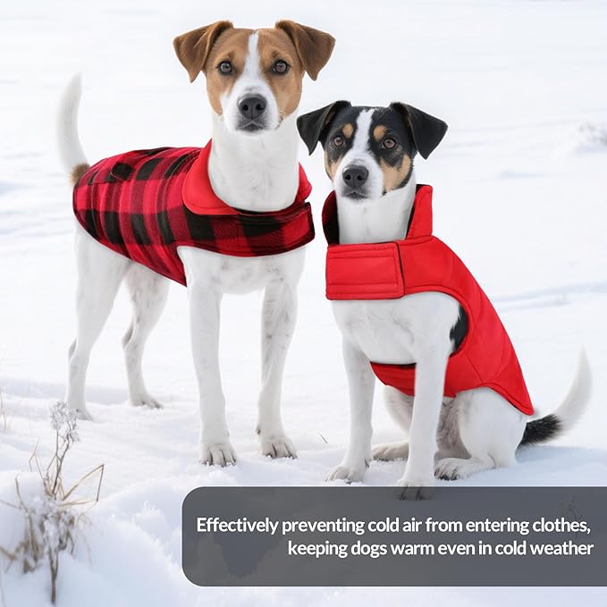 ASENKU Dog Winter Coat, Fleece Doggie Jacket Plaid Reversible Vest Waterproof Windproof Cold Weather Clothes for Small Medium Large Dogs(L,Red)