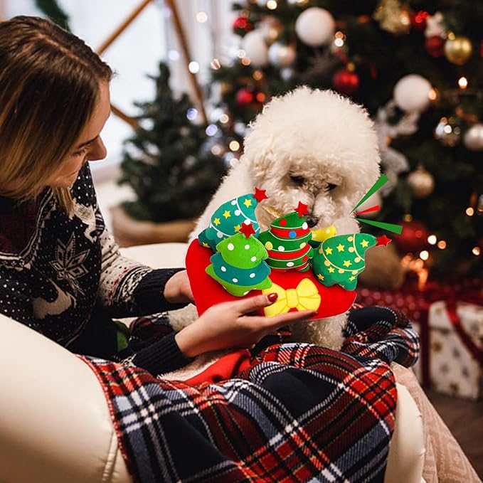 Christmas Hide and Seek Dog Toys, Squeaky Interactive Puzzle Dog Toys for Boredom and Stimulation, Dog Enrichment Toys for Small and Medium Dogs (Christmas Trees, Pack of 6)