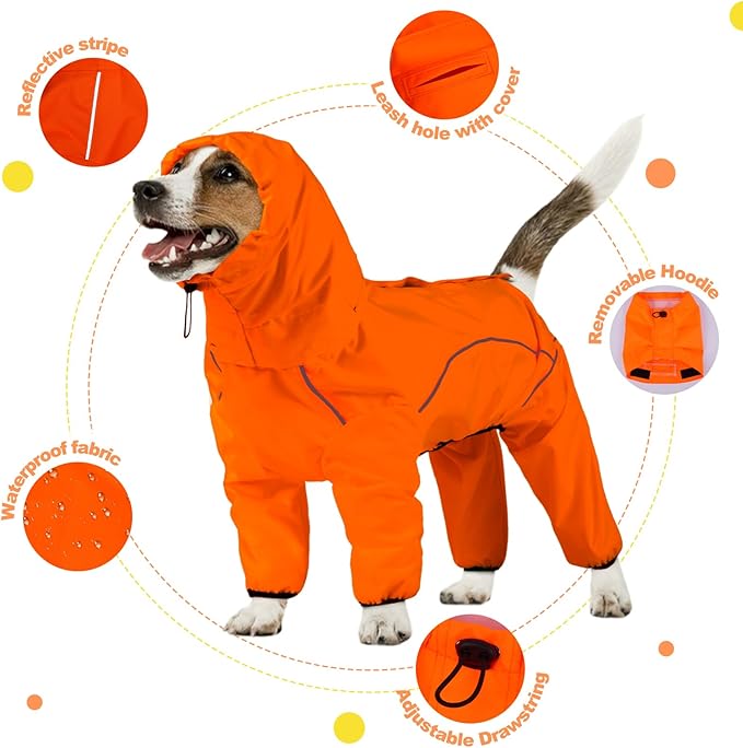 Dog Raincoat, Waterproof Dog Rain Jacket with Removable Hood，Adjustable 4 Legs Pet Poncho with Leash Hole，Reflective Stripe Hooded Snowproof Windproof Clothes for Small to 3X-Large Dogs, 2XL
