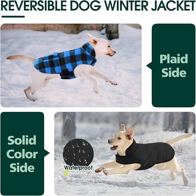 Kuoser Dog Winter Coat, Windproof Dog Fleece Jacket British Style Plaid Cold Weather Doggie Vest Coats, Reversible Cozy Warm Pet Clothes Apparel for Extra Large Size Dogs XXL