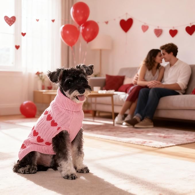 KOOLTAIL Cable Knit Dog Sweater Turtleneck, Cold Weather Pullover Classic Knitwear, Snowflake Pattern Thick Warm Winter Pet Clothes,Dog Christmas Sweater for Small Medium Large Dogs,Pink Heart M
