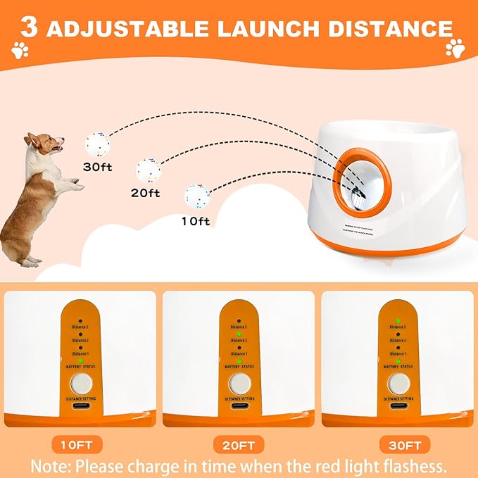 Automatic Ball Launcher for Dogs, Dog Ball Thrower with 19-32-45Ft Distance, Rechargeable Automatic Launcher with 6 Balls (2.2"), Dog Ball Launcher for Small & Medium Orange