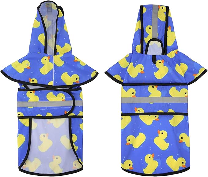 HDE Dog Raincoat Jacket Reflective Adjustable Hooded Pet Poncho Rain Coat with Leash Hole for Small to X-Large Dogs Rubber Ducks - M
