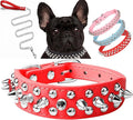 Spiked Dog Collar Soft Pu Leather Mushrooms Rivet Spike Studded Puppy Adjustable Pet Collars for Small Breeds (M, Red Set)