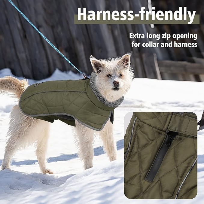 Fragralley Dog Coat Medium, Waterproof Dog Jacket with Warm Fleece Lining, Adjustable Reflective Dogs Winter Coat, Turtleneck Pet Coats for Cold Weather (ArmyGreen M)