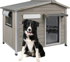 40'' L Large Dog House Outdoor Indoor, Wooden Dog Houses with Waterproof Roof, Door Curtain, Anti-Chewing Frame, Elevated Doghouse Shelter Bed Kennel with Window, Openable Roof