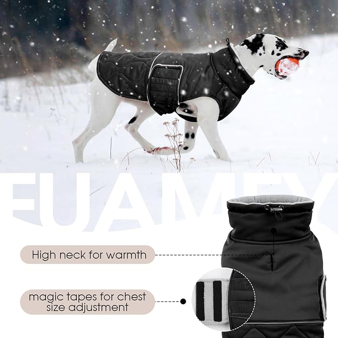 FUAMEY Winter Coats for Medium Dogs Windproof, Thermal Dog Jacket Cold Weather Outdoor, Turtleneck Waterproof Fleece Puppy Vest Snow Suit with Harness Hole (Black, M)