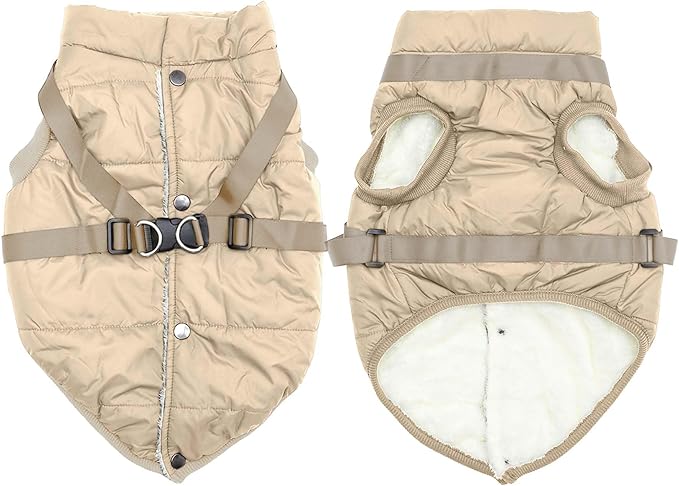 Dog Jacket with Harness,Fleece Lined Warm Puppy Coat for Winter,Soft Windproof Small Dog Vest,Khaki M