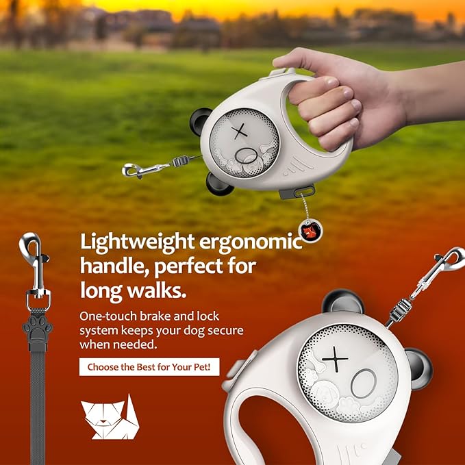 Retractable Dog Leash, 13ft Strong Nylon Tape with Auto-Locking Leash for Small Dogs up to 20 lbs, Tangle-Free, One-Touch Brake, Comfortable Grip, Panda Hug Design