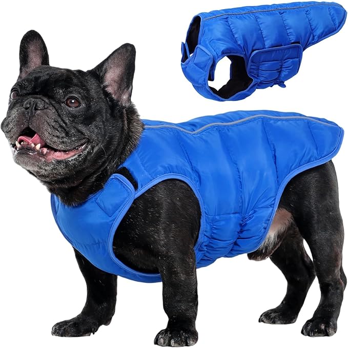 Kuoser Dog Puffer Jacket Warm Dog Coat for Extra Small Dogs, Windproof Reflective Pet Padded Vest Cold Weather Clothes Puppy Snowsuit with Hook & Loop Coats, Easy On/Off, Blue XS