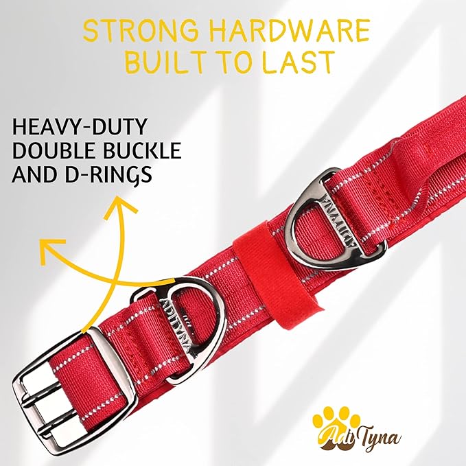 ADITYNA Heavy Duty Dog Collar for Medium Dogs - Reflective Red Collar with Handle for Training, and Walking - Wide, Thick, Tactical, Soft Neoprene Padded