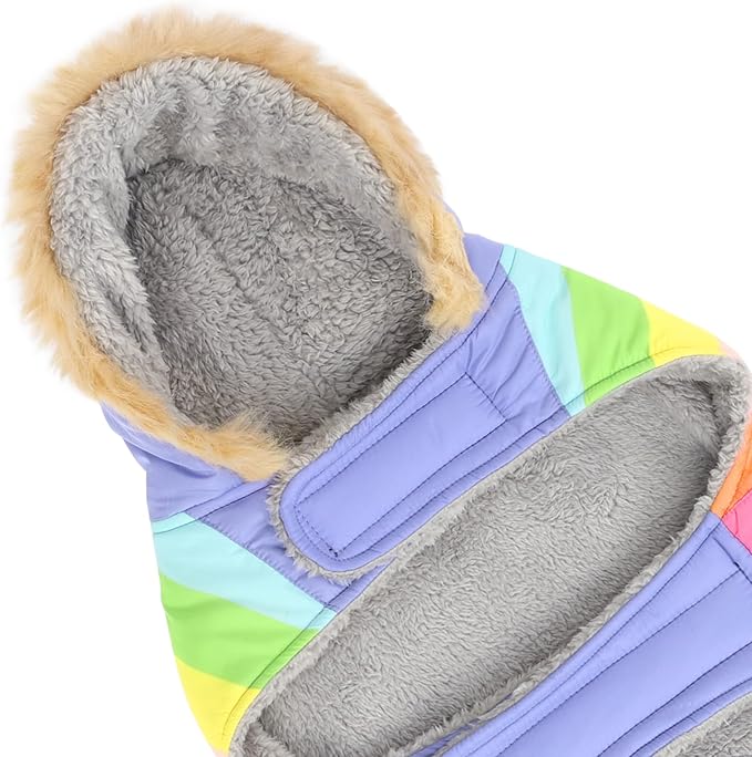 HDE Dog Puffer Jacket Fleece Lined Warm Dog Parka Winter Coat with Harness Hole Pastel Rainbow - L