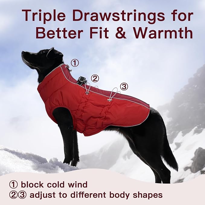 Dog Winter Jacket - Large, Warm Zip Up Snowsuit Dog Harness Vest, Reflective, Water-Resistant, Red