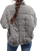 LIZALIG Warm Padded Coat for Women Full Zip Quilted Jackets Winter Oversized Causal Solid Color Stand Collar Pockets Coat