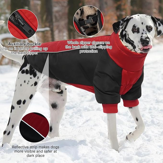 IDOMIK Reversible Dog Winter Coat, Thick Warm Dog Coat with Leopard Fleece Lining&Zipper, Adjustable High Collar Waterproof Jacket, Reflective Pet Cold Weather Coats for Large Dogs,Red,L
