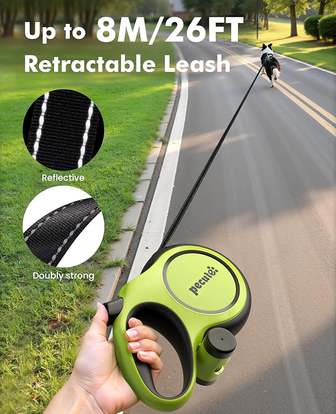 Retractable Dog Leash with Chew Proof Extender, 26ft Heavy Duty Retractable Pet Leash with Poop Bag Holder, Anti-Slip Grip, Reflective Leashes for Medium Large Pets up to 110 lbs(Green)