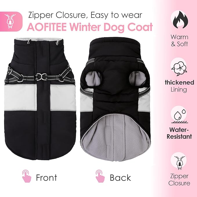 AOFITEE Dog Coat, Warm Dog Jacket with Harness Built in, Waterproof Coats for Small Dogs, Dogs Winter Coat Puffer Jacket with Zipper & Fleece Collar, Pet Snowsuit Sweater for Chihuahua Yorkshire, XS