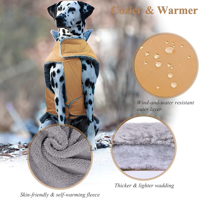 VIVAGLORY Frostfit Dog Coat, Dog Jacket for Winter & Cold Weather, Warm Fluffy Fleece Lined Water Resistant Reflective for Puppy, Coat with Velcro Fastening & Leash Hole, M+, Khaki