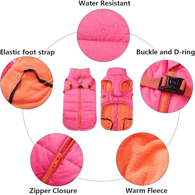 Geyecete Winter Warm Coat Waterproof Dog Winter Jacket with Harness Traction Belt,Windproof Pet Outdoor Jacket-Pink-XL